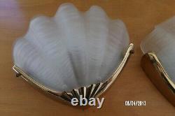 Pair Applique Antique Shell Art Deco Style 1970 Glass And Vintage Bronze