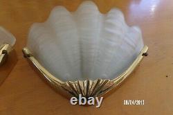 Pair Applique Antique Shell Art Deco Style 1970 Glass And Vintage Bronze