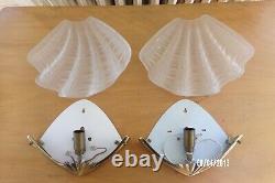 Pair Applique Antique Shell Art Deco Style 1970 Glass And Vintage Bronze