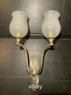 Pair Appliques Double Art Deco Bronze Nickeled Glass Frosted Era Leleu Dufrene