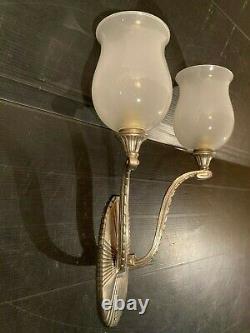 Pair Appliques Double Art Deco Bronze Nickeled Glass Frosted Era Leleu Dufrene