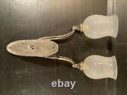 Pair Appliques Double Art Deco Bronze Nickeled Glass Frosted Era Leleu Dufrene