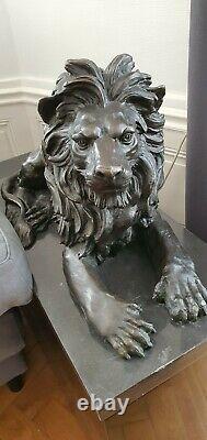 Pair Bronzes On Marble, Lions Lies
