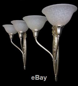 Pair Dappliques Lamp Art Deco Bronze Silver Tulips Charles Schneider