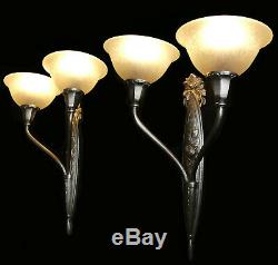 Pair Dappliques Lamp Art Deco Bronze Silver Tulips Charles Schneider