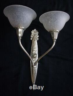 Pair Dappliques Lamp Art Deco Bronze Silver Tulips Charles Schneider