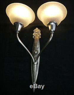 Pair Dappliques Lamp Art Deco Bronze Silver Tulips Charles Schneider