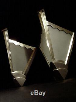 Pair Dappliques Modernist Art Deco Bronze Nickel Plate Glass & Shortbread