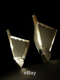 Pair Dappliques Modernist Art Deco Bronze Nickel Plate Glass & Shortbread