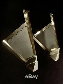 Pair Dappliques Modernist Art Deco Bronze Nickel Plate Glass & Shortbread