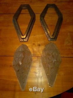 Pair Of Art Deco Wall Sconces Degue Glass / Bronze Paste Muller Des Hanots Gilles