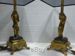 Pair Of Beautiful Lamps In Gilded Bronze Cherubs Putti Early Twentieth Century