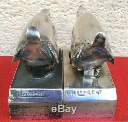 Pair Of Bookends With Silver Geese-bronzes Signed G. H. Laurent-art Deco