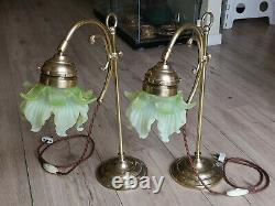 Pair Of Bronze Art Deco Lamp. Opalescent Tulip. Uranium, Vaseline Glass