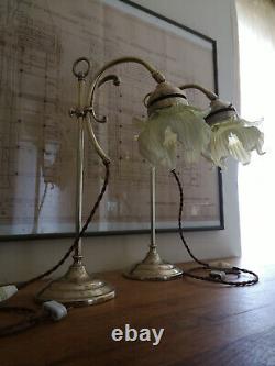 Pair Of Bronze Art Deco Lamp. Opalescent Tulip. Uranium, Vaseline Glass