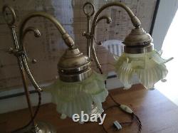 Pair Of Bronze Art Deco Lamp. Opalescent Tulip. Uranium, Vaseline Glass