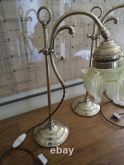 Pair Of Bronze Art Deco Lamp. Opalescent Tulip. Uranium, Vaseline Glass