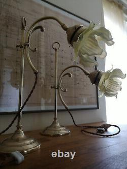 Pair Of Bronze Art Deco Lamp. Opalescent Tulip. Uranium, Vaseline Glass