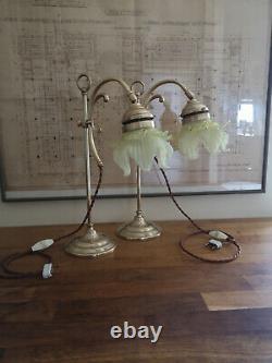 Pair Of Bronze Art Deco Lamp. Opalescent Tulip. Uranium, Vaseline Glass