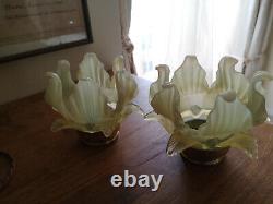 Pair Of Bronze Art Deco Lamp. Opalescent Tulip. Uranium, Vaseline Glass