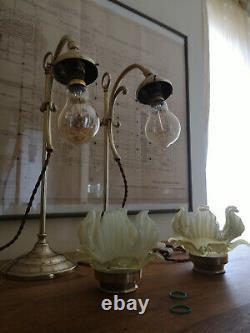 Pair Of Bronze Art Deco Lamp. Opalescent Tulip. Uranium, Vaseline Glass