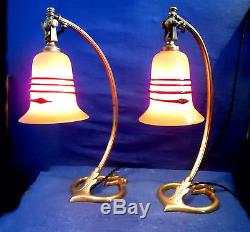 Pair Of Bronze Articulated Lamp Feet And Tulips Pte Art Deco Glass