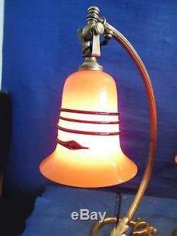 Pair Of Bronze Articulated Lamp Feet And Tulips Pte Art Deco Glass