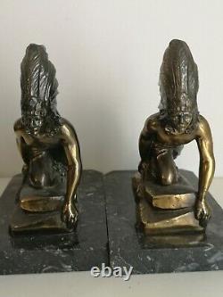 Pair Of Greenhouse Art Deco Books The Indians, Regulates Bronze Patina, Marble Base