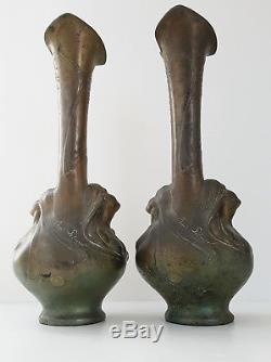Pair Of Large Vases Art Nouveau Bronze Helene Sibeud Signs Melle Sibeud 1900