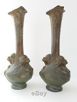 Pair Of Large Vases Art Nouveau Bronze Helene Sibeud Signs Melle Sibeud 1900