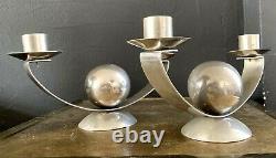 Pair Of Modernist Candlesticks Art Deco-bronze Nickel-style Bauhaus, Desny, Adnet