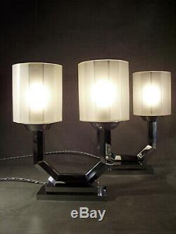 Pair Of Modernist Lamps Art Deco Bronze Chromed And Pressed Glass 1930