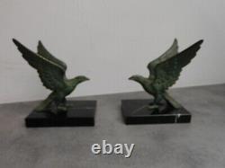 Pair Of Serre Bronze Books Art Deco Green Skate Marble And Bronze