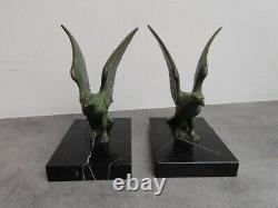 Pair Of Serre Bronze Books Art Deco Green Skate Marble And Bronze