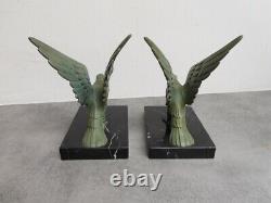 Pair Of Serre Bronze Books Art Deco Green Skate Marble And Bronze