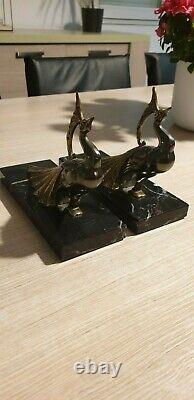 Pair Of Serre-livres Paon Signed Ted. Art Deco. Animal Food. Black Marble. Rare
