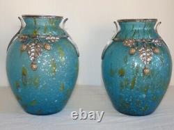 Pair Of Vases Art Deco 1920-1930 Glass And Bronze Silver And Gold