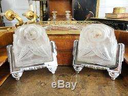 Pair Of Vintage Art Deco Wall Lights In Silver Bronze And Frosted Glass