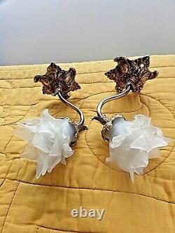 Pair Of Vintage Bronze-tulip Wall Appliques Fleurs-pate De Verre Dépolie