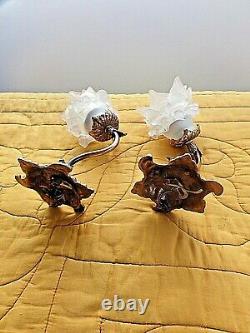 Pair Of Vintage Bronze-tulip Wall Appliques Fleurs-pate De Verre Dépolie