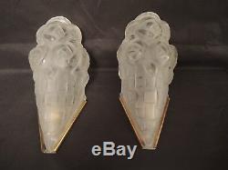 Pair Of Wall Art Deco White Molded Glass Degué Sign Bronze Mount