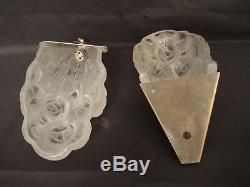 Pair Of Wall Art Deco White Molded Glass Degué Sign Bronze Mount