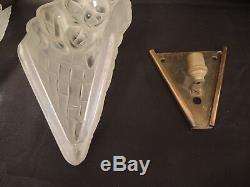 Pair Of Wall Art Deco White Molded Glass Degué Sign Bronze Mount