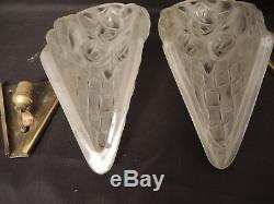 Pair Of Wall Art Deco White Molded Glass Degué Sign Bronze Mount