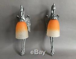 Pair Storks Dappliques 1930 Art Deco Bronze And Glass Paste Schneider