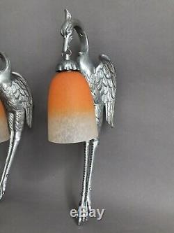 Pair Storks Dappliques 1930 Art Deco Bronze And Glass Paste Schneider