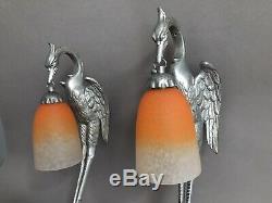 Pair Storks Dappliques 1930 Art Deco Bronze And Glass Paste Schneider