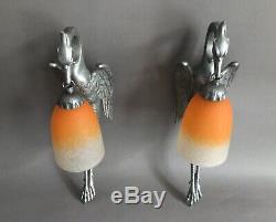 Pair Storks Dappliques 1930 Art Deco Bronze And Glass Paste Schneider