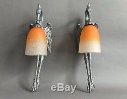 Pair Storks Dappliques 1930 Art Deco Bronze And Glass Paste Schneider