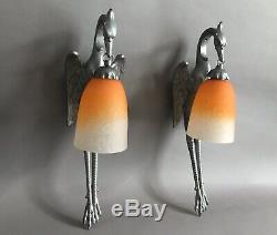 Pair Storks Dappliques 1930 Art Deco Bronze And Glass Paste Schneider